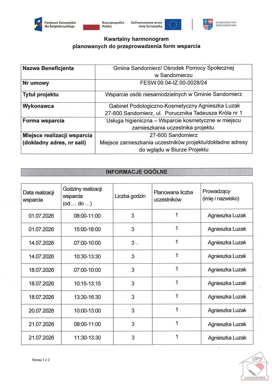 Kwartalny harmonogram planowanych do przeprowadzenia form wsparcia -Usługa higieniczna - Wsparcie kosmetyczne w&nbsp;miejscu zamieszkania uczestnika projektu - lipiec 2026