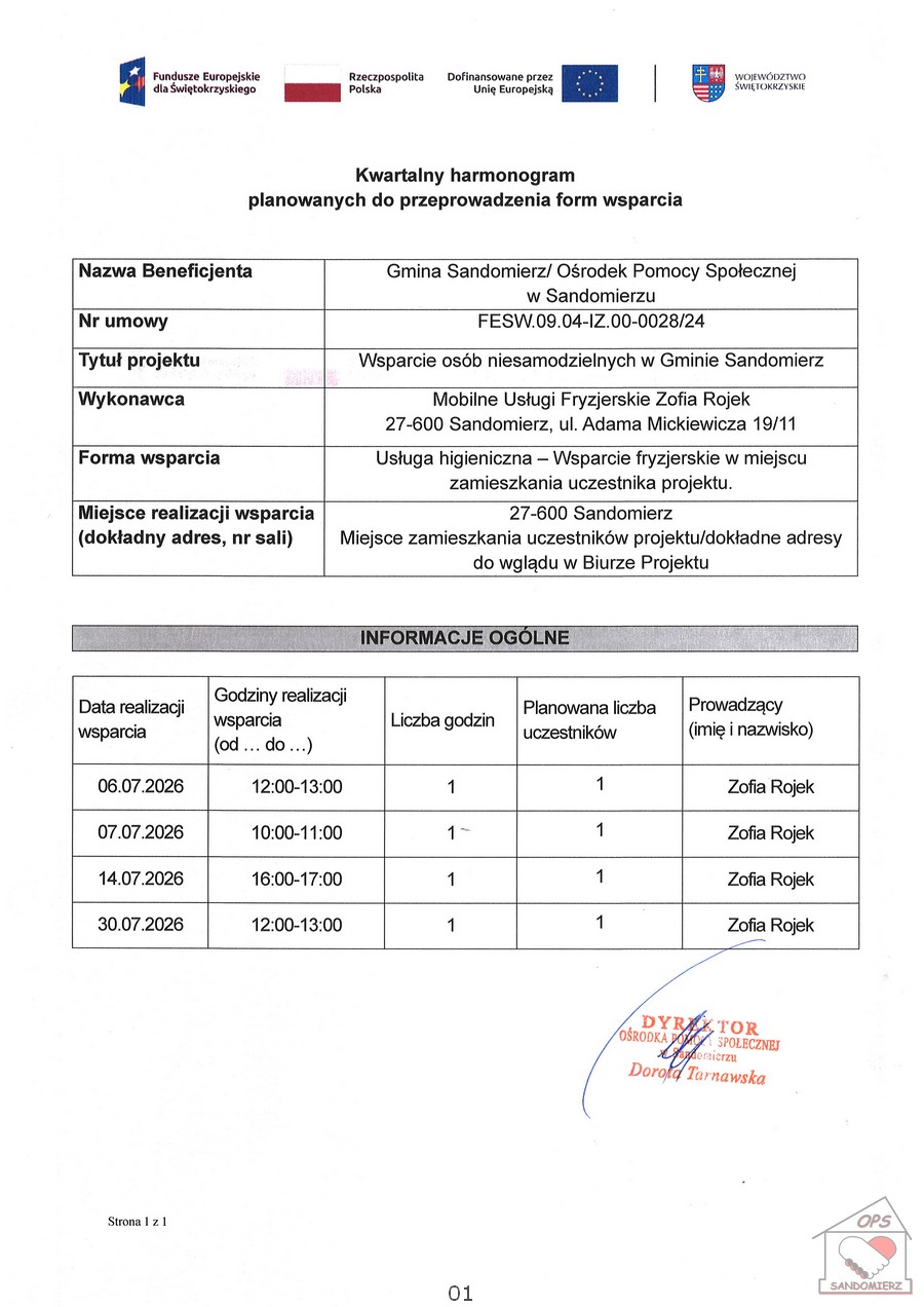 Kwartalny harmonogram planowanych do przeprowadzenia form wsparcia -Usługa higieniczna - Wsparcie fryzjerskie w&nbsp;miejscu zamieszkania uczestnika projektu - lipiec 2026
