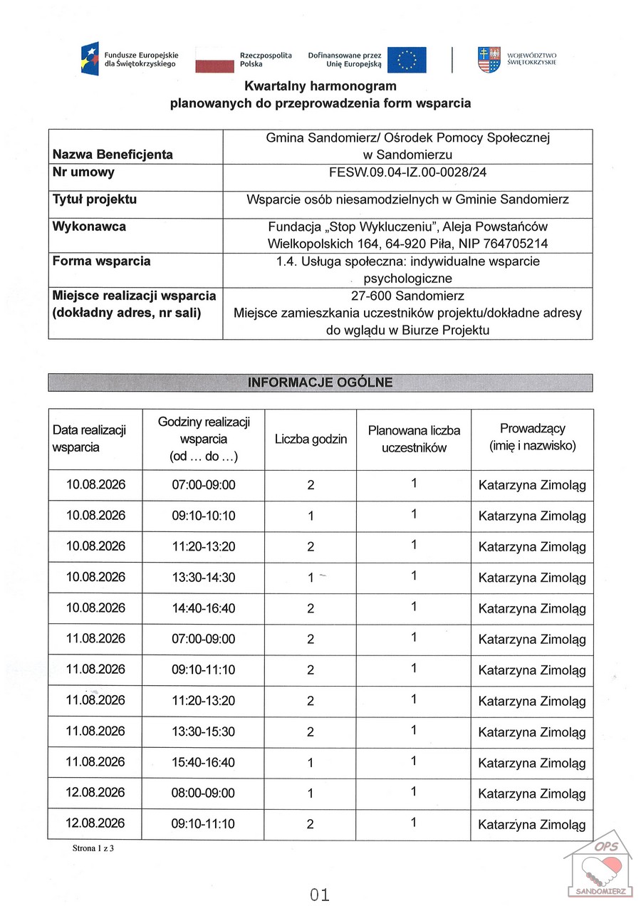 Kwartalny harmonogram planowanych do przeprowadzenia form wsparcia - 1.4. Usługa społeczna: indywidualne wsparcie psychologiczne - sierpień 2026