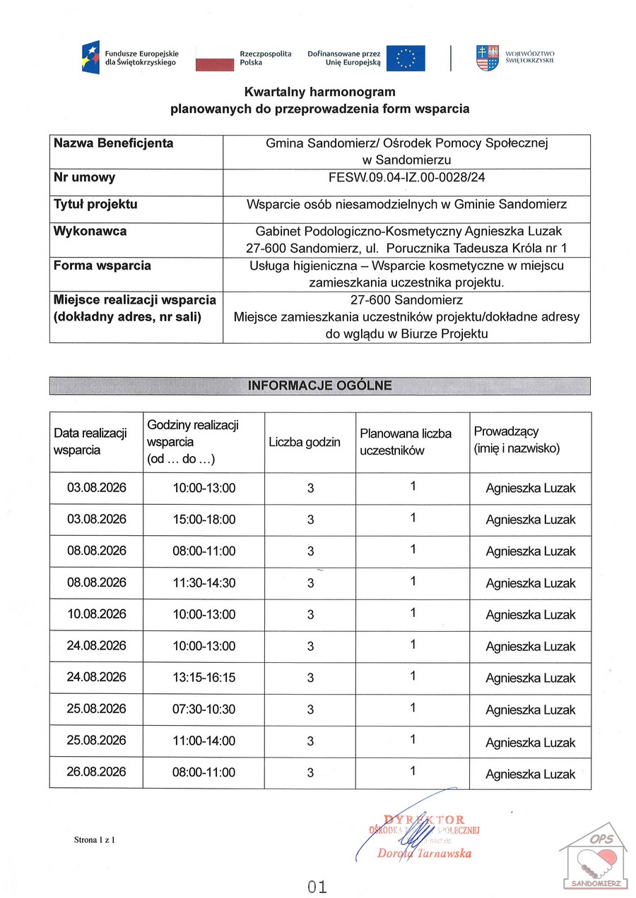 Kwartalny harmonogram planowanych do przeprowadzenia form wsparcia -Usługa higieniczna - Wsparcie kosmetyczne w&nbsp;miejscu zamieszkania uczestnika projektu - sierpień 2026