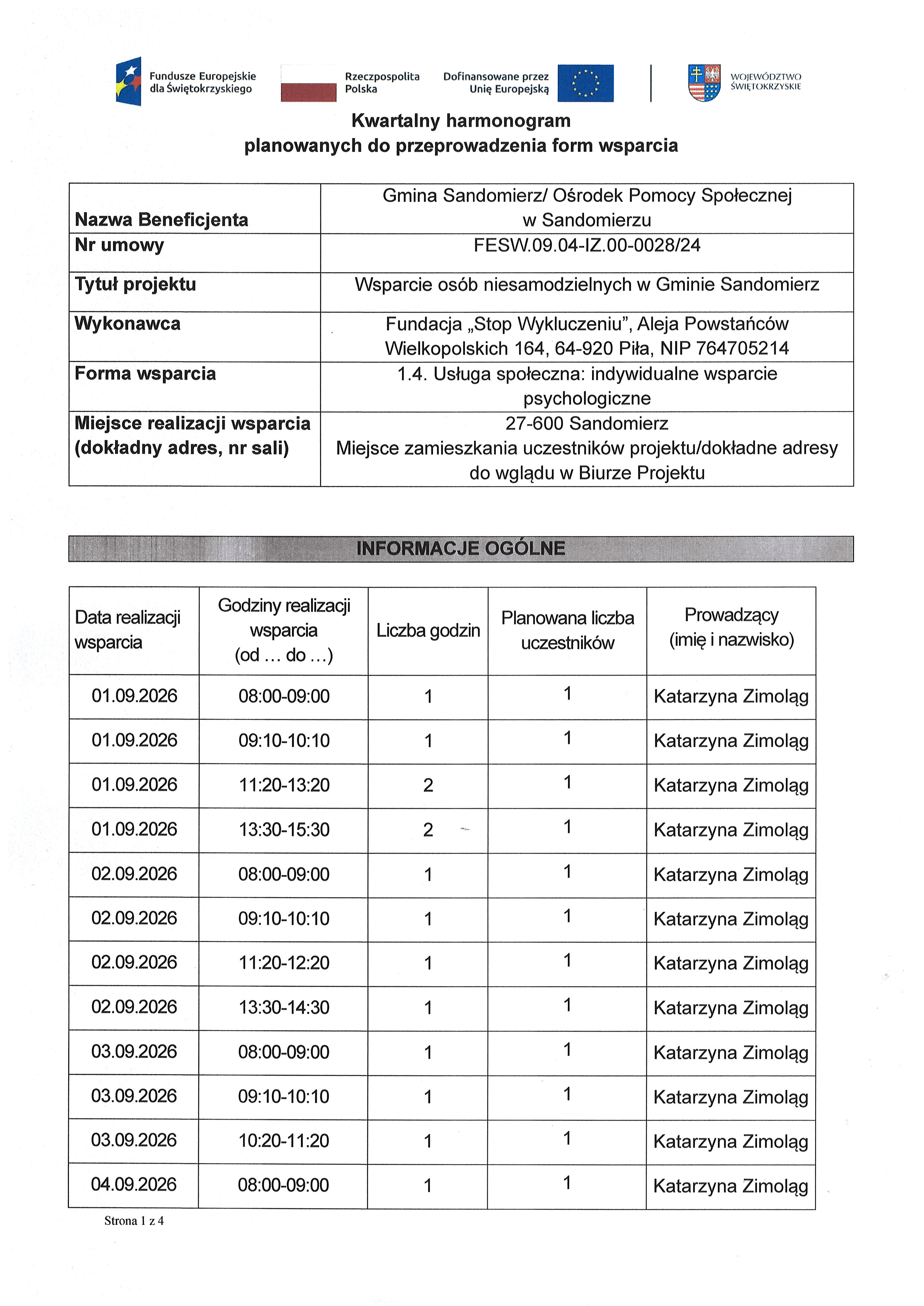 Kwartalny harmonogram planowanych do przeprowadzenia form wsparcia - 1.4. Usługa społeczna indywidualne wsparcie psychologiczne - wrzesień 2026 