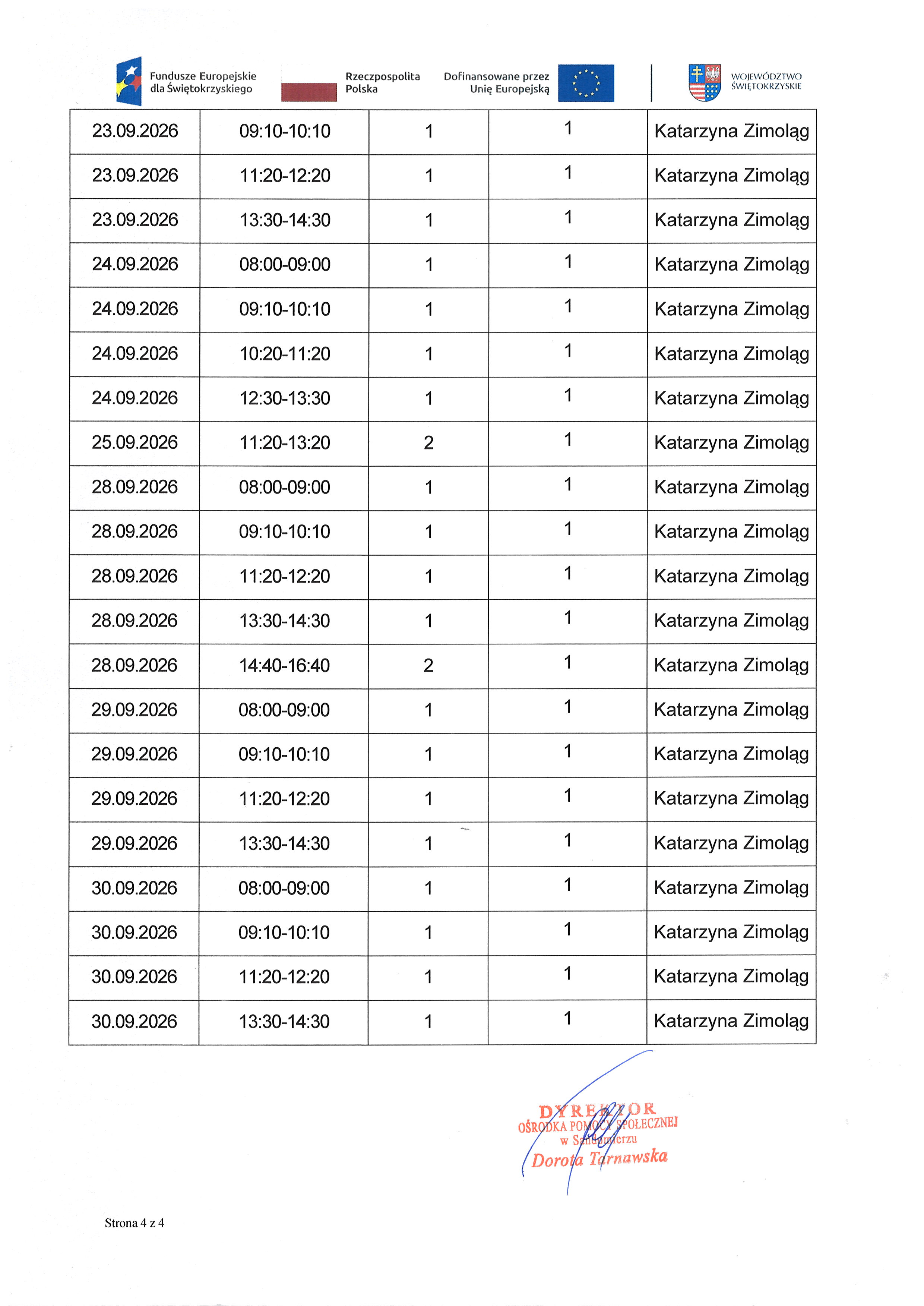 Kwartalny harmonogram planowanych do przeprowadzenia form wsparcia - 1.4. Usługa społeczna indywidualne wsparcie psychologiczne - wrzesień 2026 