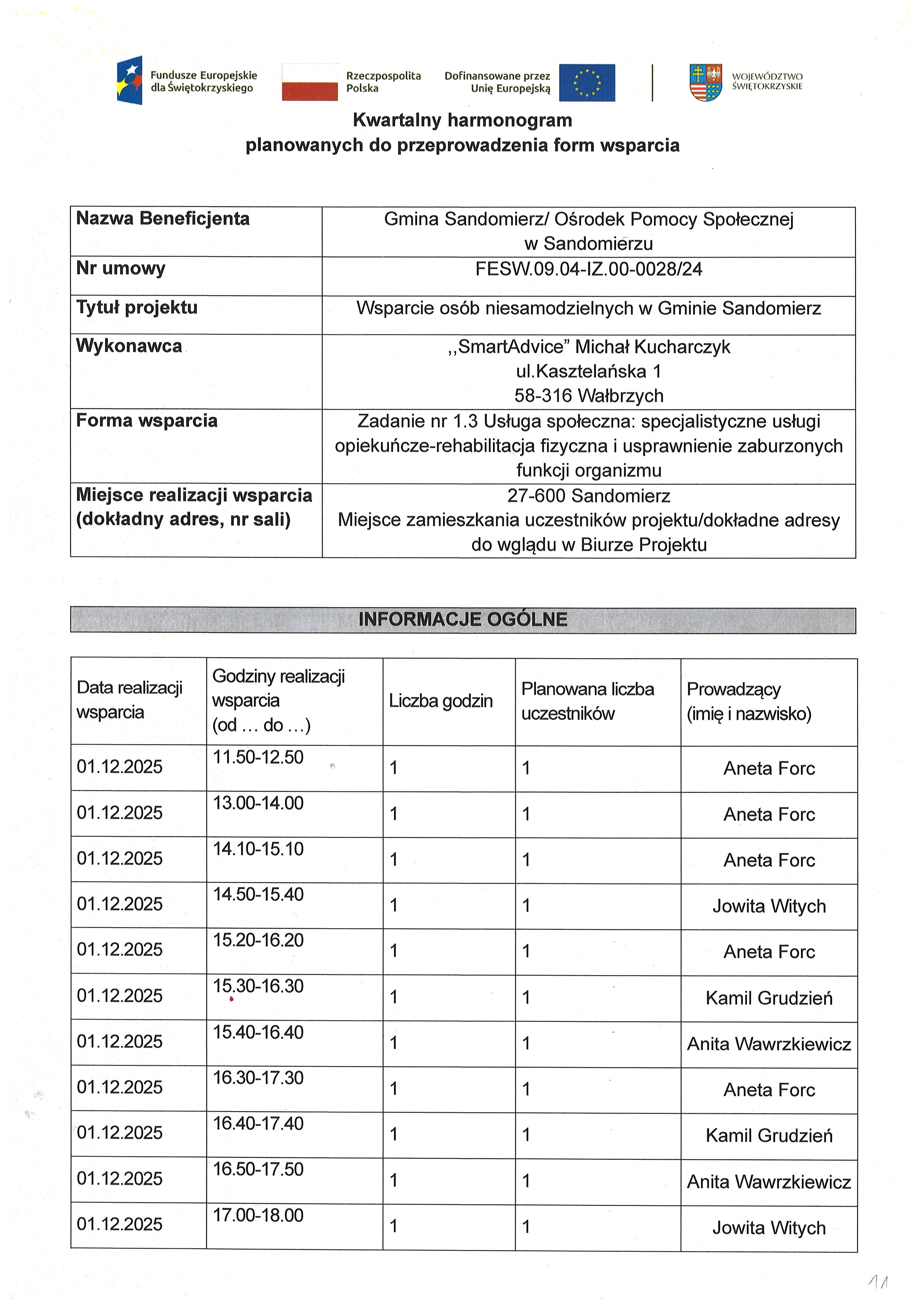 Zadanie nr 1.3 Usługa społeczna: specjalistyczne usługi opiekuńcze-rehabilitacja fizyczna i&nbsp;usprawnienie zaburzonych funkcji organizmu