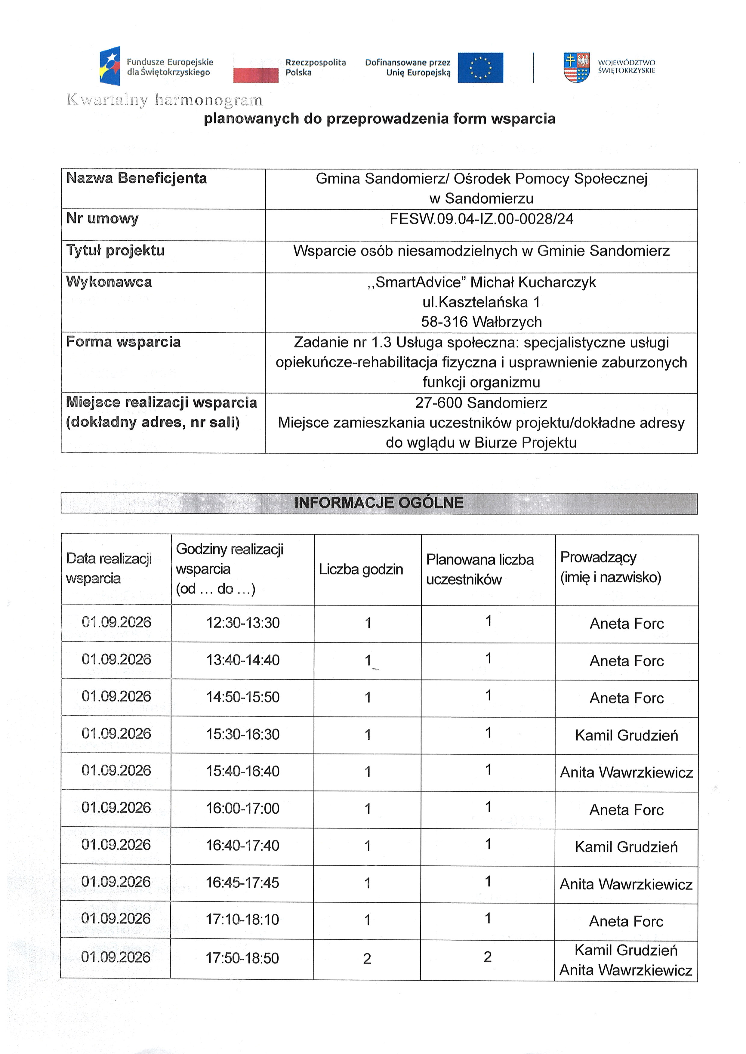 Kwartalny harmonogram usługa społeczna specjalistyczne usługi opiekuńcze-rehabilitacja fizyczna i&nbsp;usprawnienie zaburzonych funkcji organizmu - wrzesień 2026
