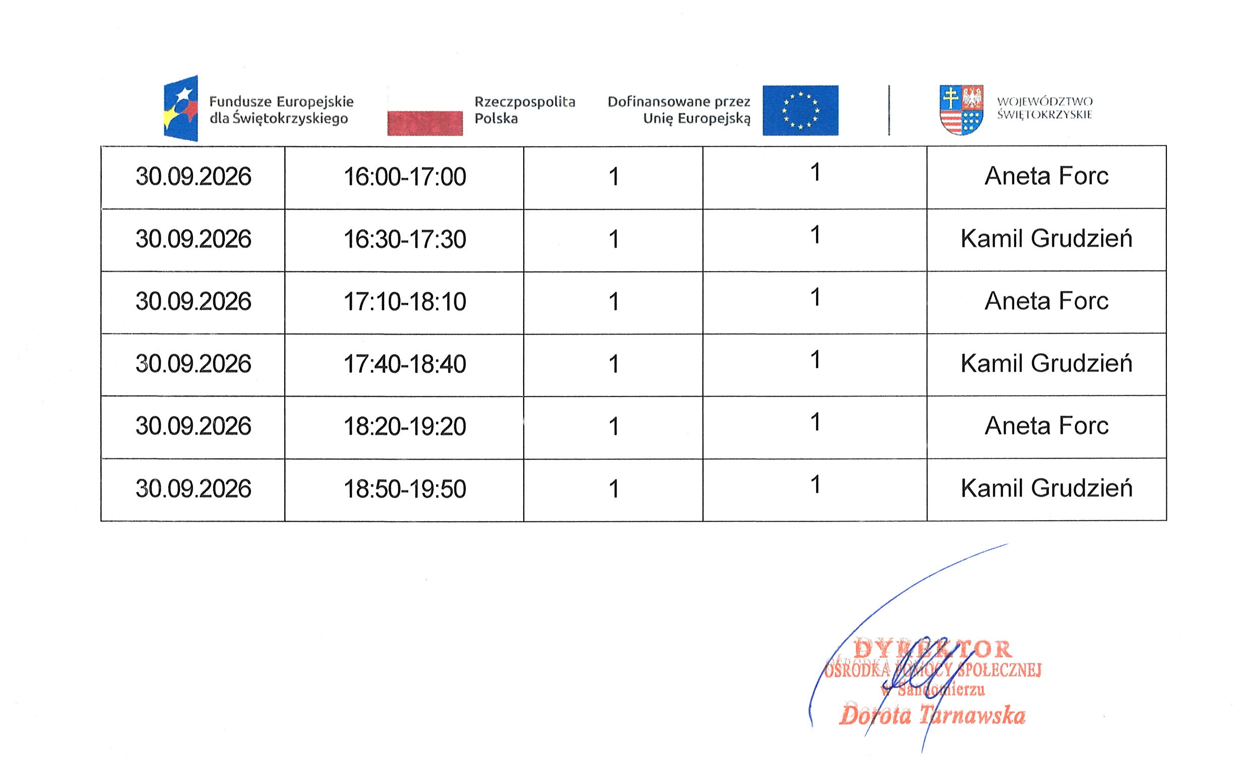 Kwartalny harmonogram usługa społeczna specjalistyczne usługi opiekuńcze-rehabilitacja fizyczna i&nbsp;usprawnienie zaburzonych funkcji organizmu - wrzesień 2026