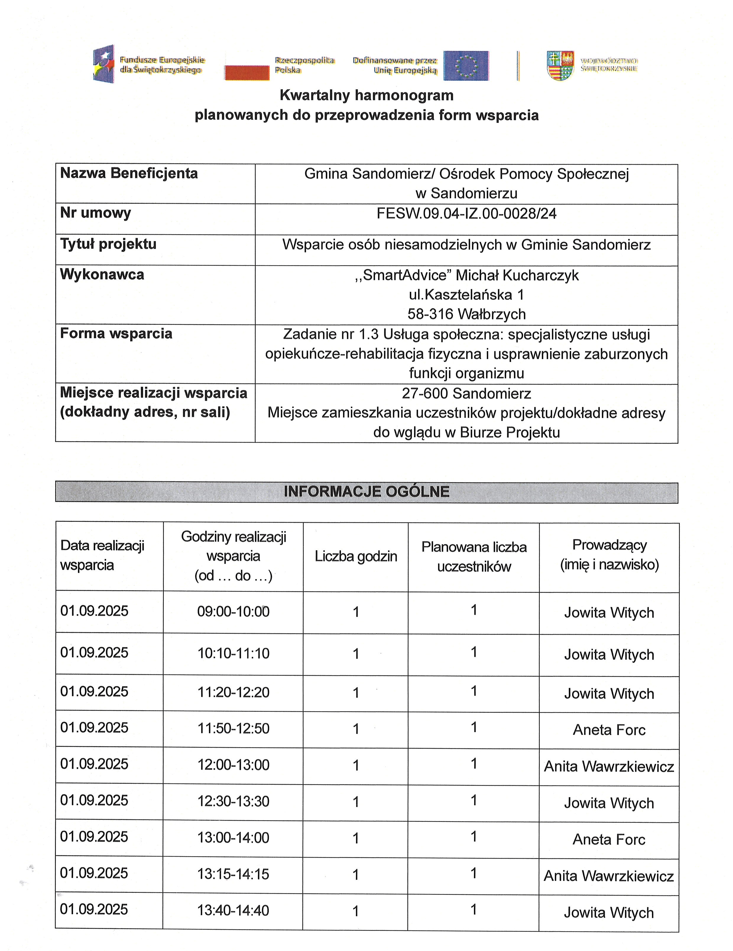 Harmonogram planowanych do przeprowadzenia form wsparcia Zadanie nr 1.3 Usługa społeczna specjalistyczne usługi Opiekuńcze_rehabilitacja fizyczna i&nbsp;usprawnienie zaburzonych funkcji organizmu