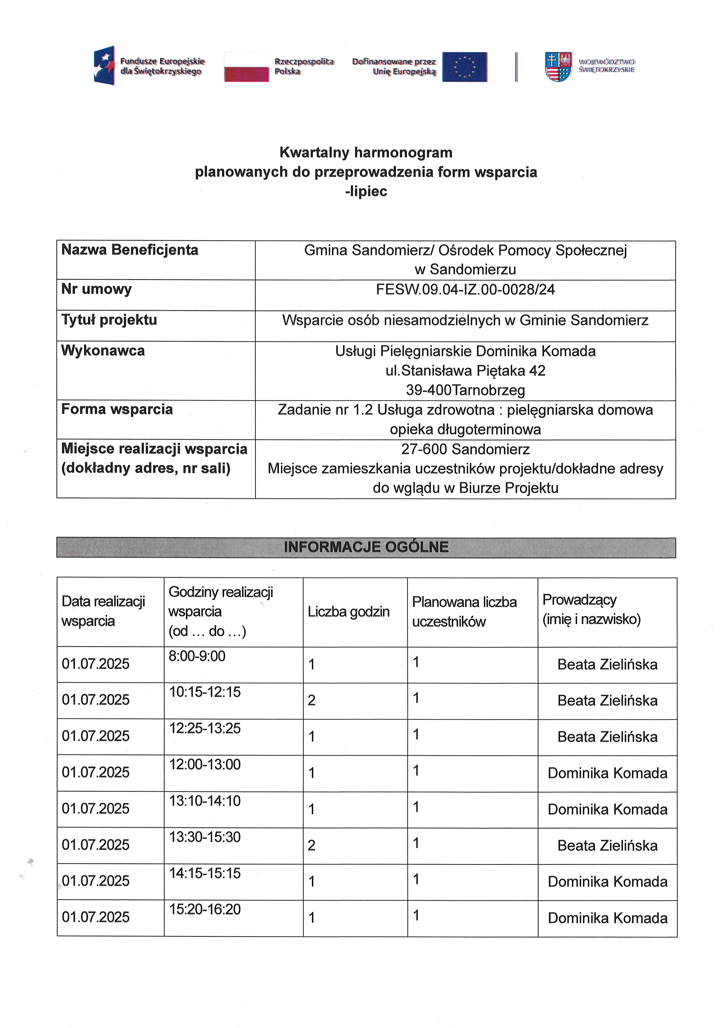 Harmonogram planowanych do przeprowadzenia form wsparcia Zadanie nr 1.2 Usługa zdrowotna: pielęgniarska domowa opieka długoterminowa - lipiec1