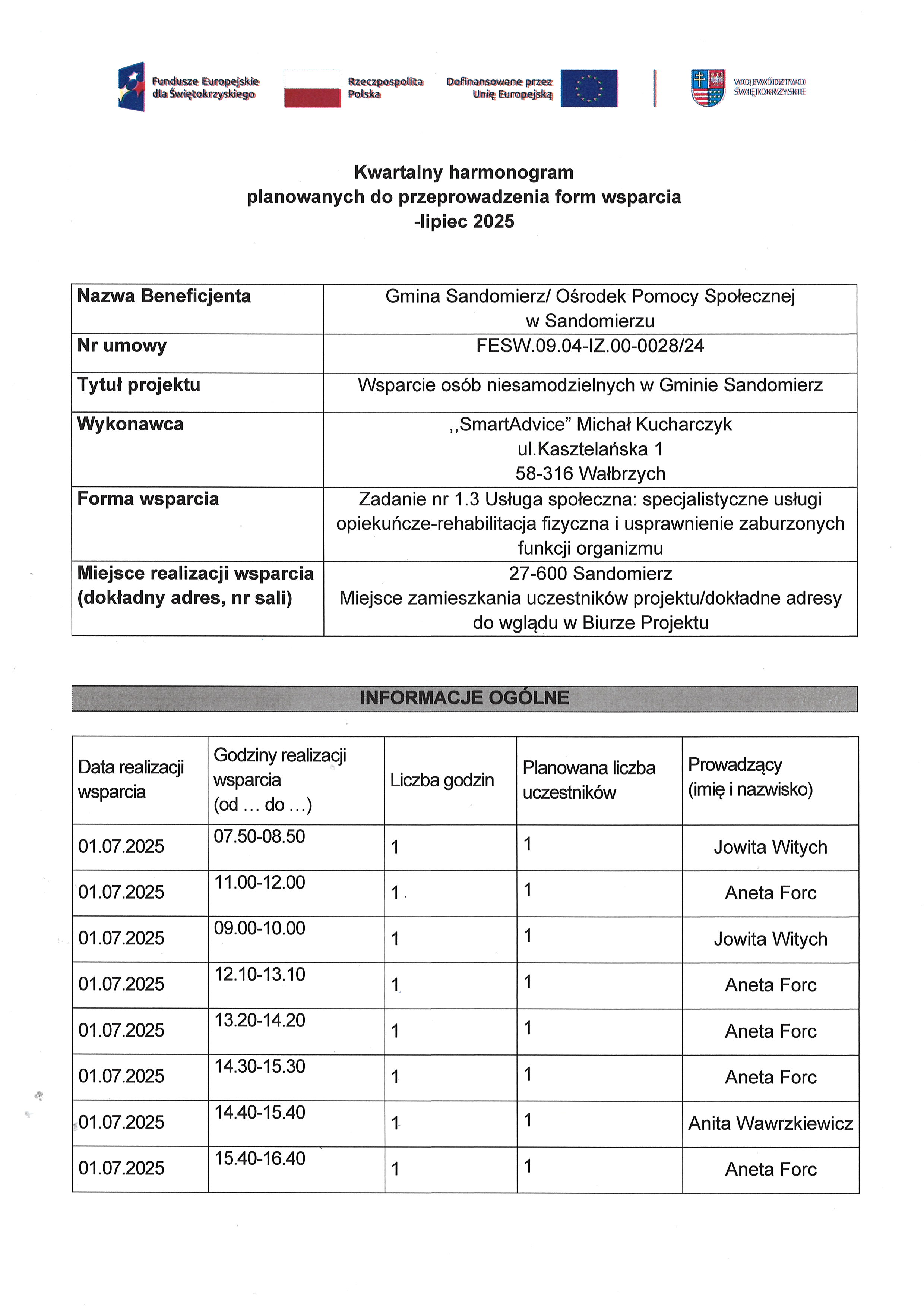 Harmonogram planowanych do przeprowadzenia form wsparcia Zadanie nr 1.3 Usługa społeczna specjalistyczne usługi opiekuńcze-rehabilitacja fizyczna i&nbsp;usprawnienie zaburzonych funkcji organizmu_lip1