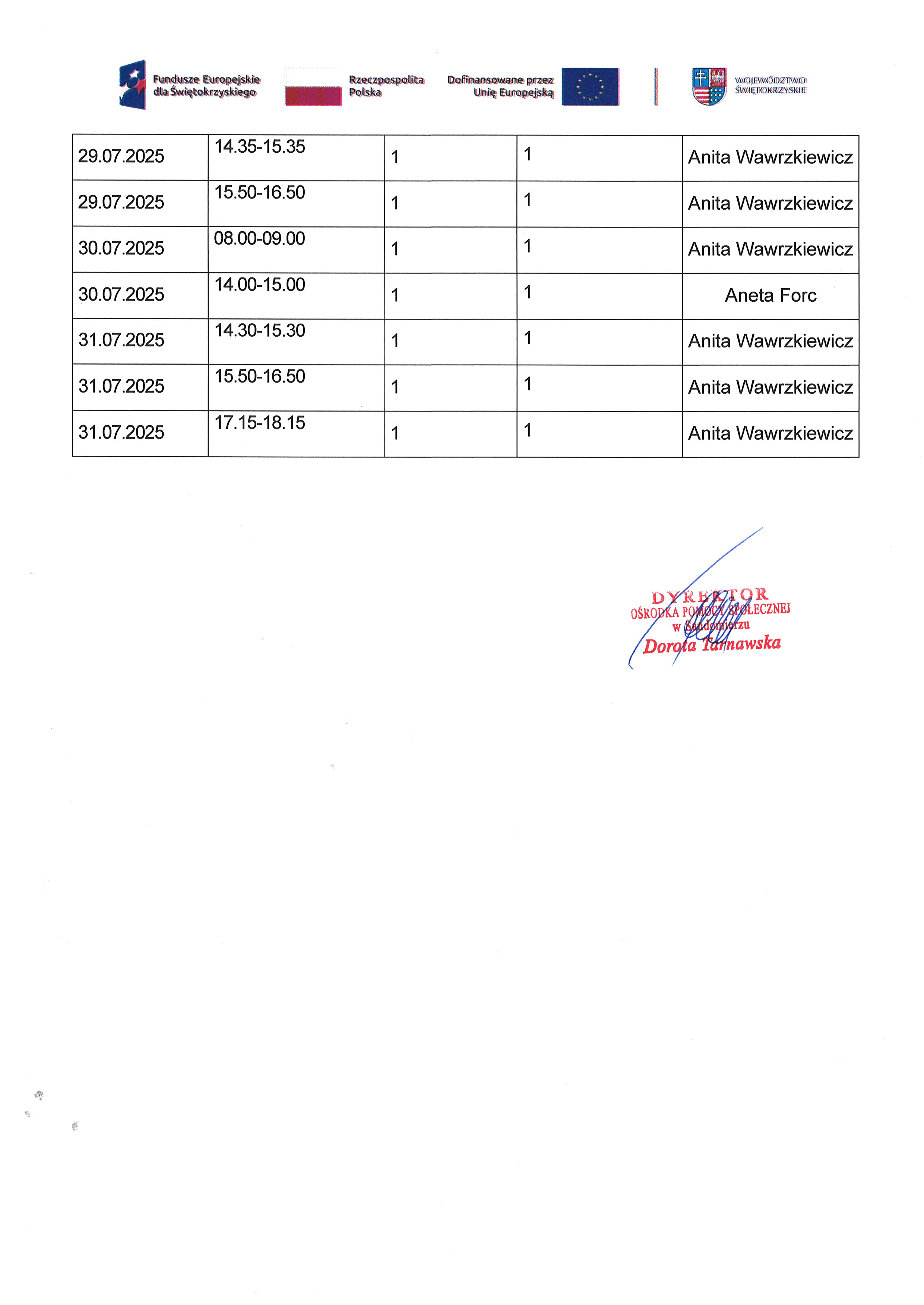 Harmonogram planowanych do przeprowadzenia form wsparcia Zadanie nr 1.3 Usługa społeczna specjalistyczne usługi opiekuńcze-rehabilitacja fizyczna i&nbsp;usprawnienie zaburzonych funkcji organizmu_lip9