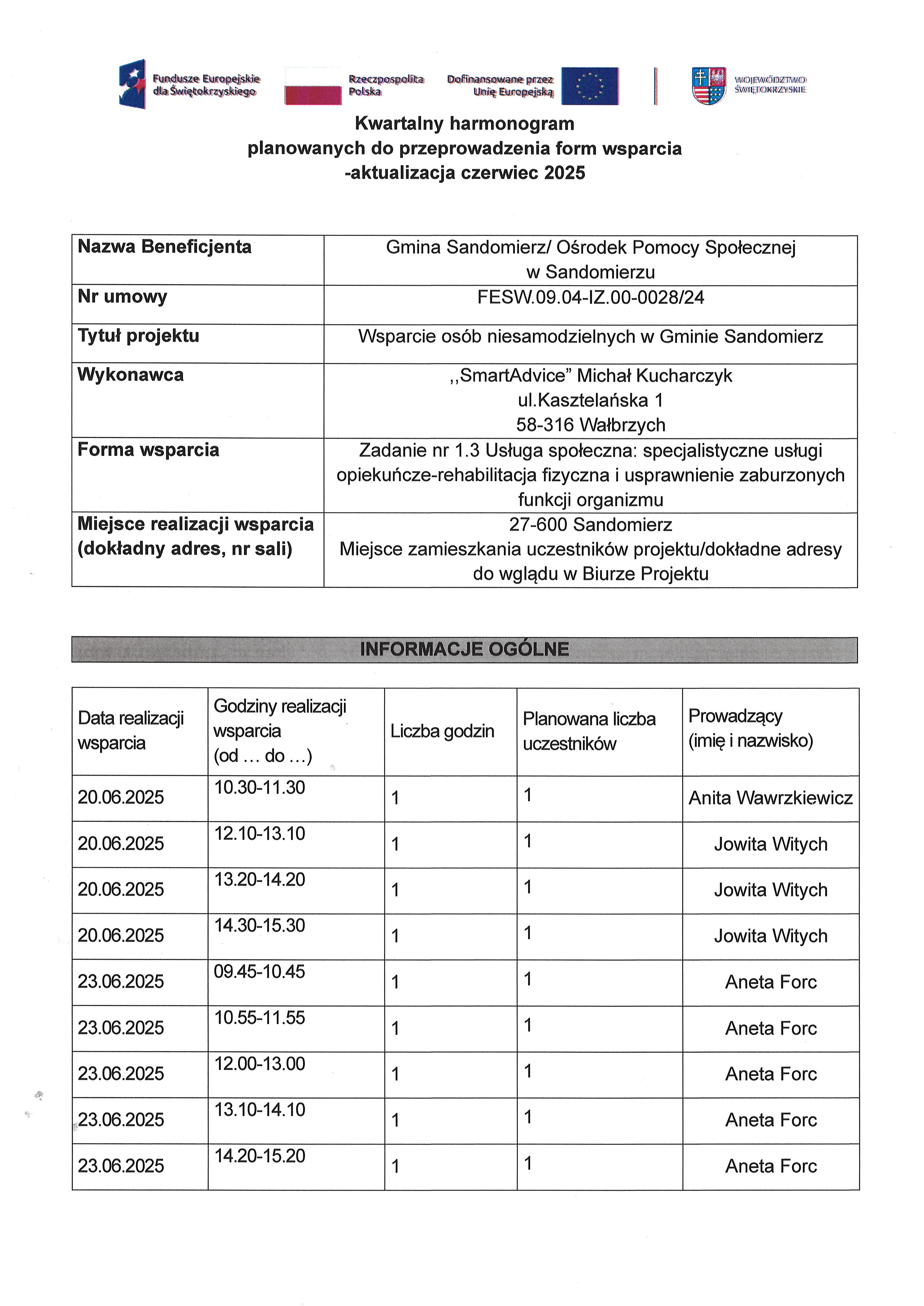 Harmonogram planowanych do przeprowadzenia form wsparcia Zadanie nr 1.3 Usługa społeczna specjalistyczne usługi opiekuńcze-rehabilitacja fizyczna i&nbsp;usprawnienie zaburzonych funkcji organizmu_czerwiec