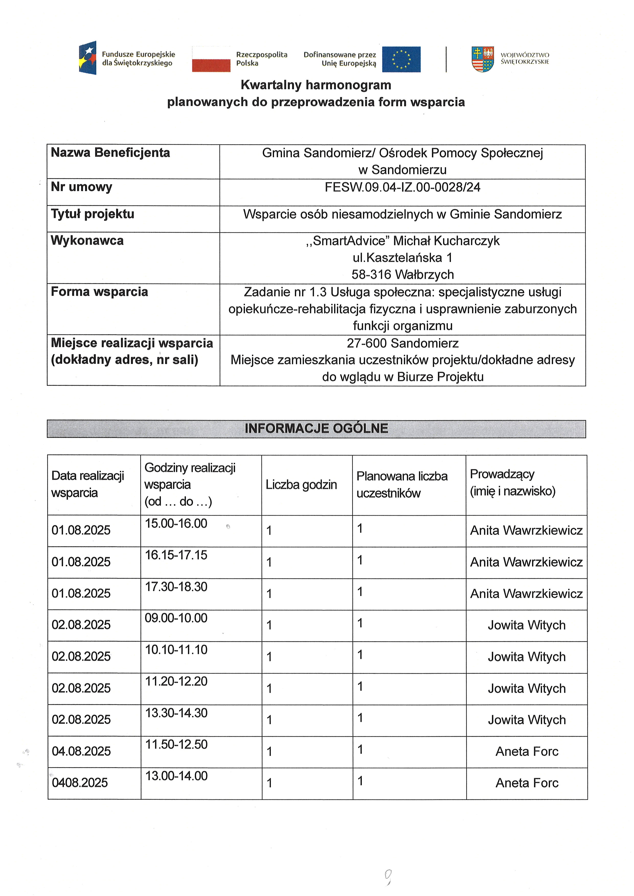 Zadanie nr 1.3 Usługa społeczna: specjalistyczne usługi opiekuńcze-rehabilitacja fizyczna i&nbsp;usprawnienie funkcji organizmu
