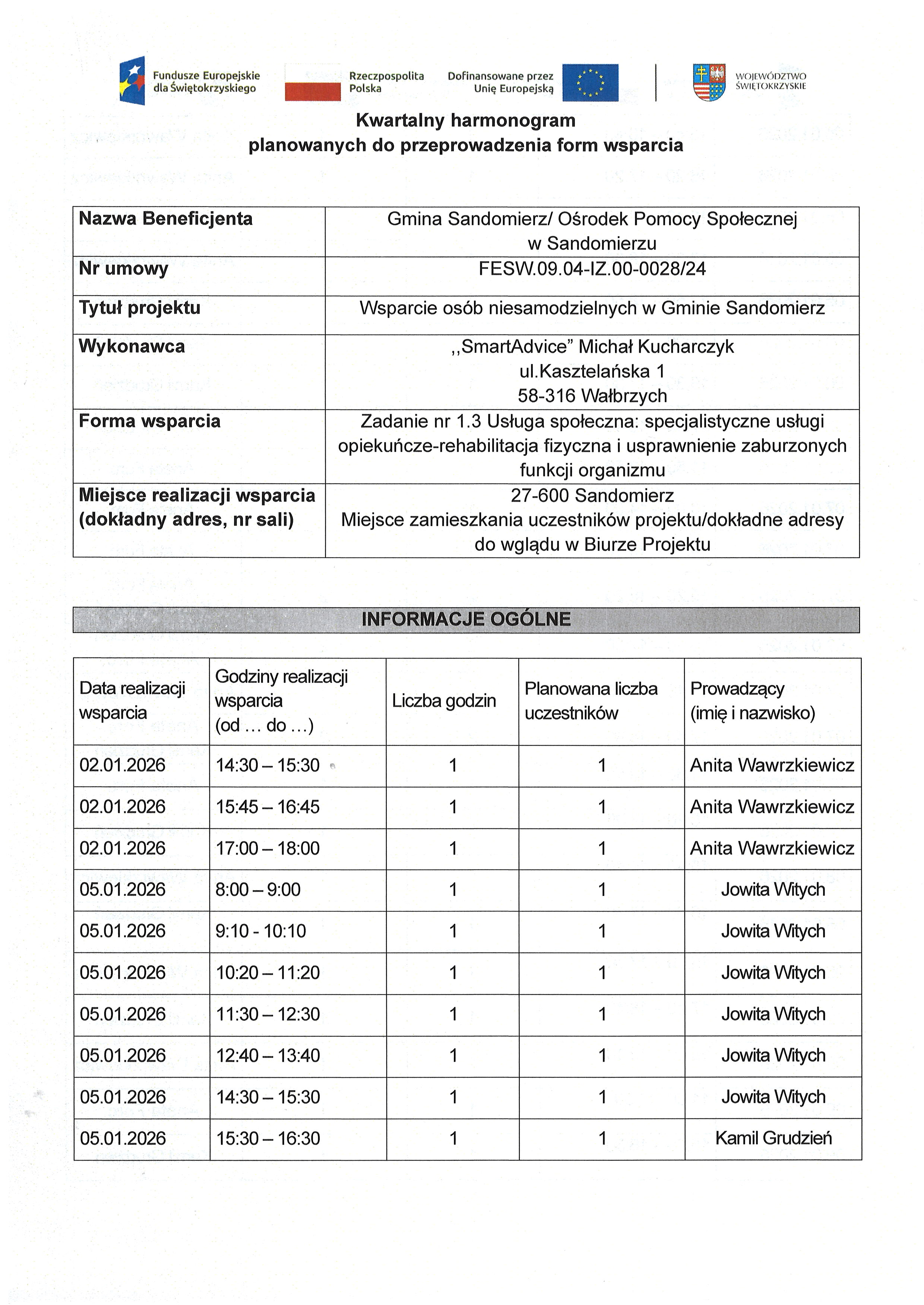 Zadanie nr 1.3 Usługa społeczna: specjalistyczne usługi opiekuńcze-rehabilitacja fizyczna i&nbsp;usprawnienie zaburzonych funkcji organizmu