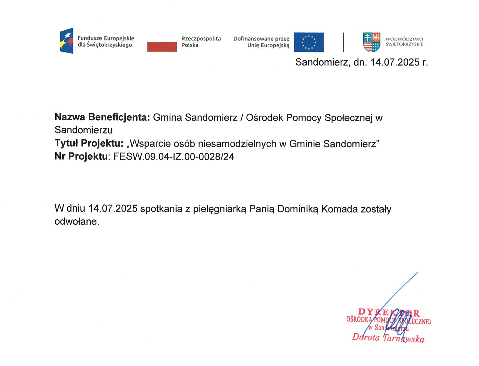 Informacja o&nbsp;odwołaniu spotkania w&nbsp;ramach projektu &bdquo;Wsparcie os&oacute;b niesamodzielnych w&nbsp;Gminie Sandomierz&rdquo;