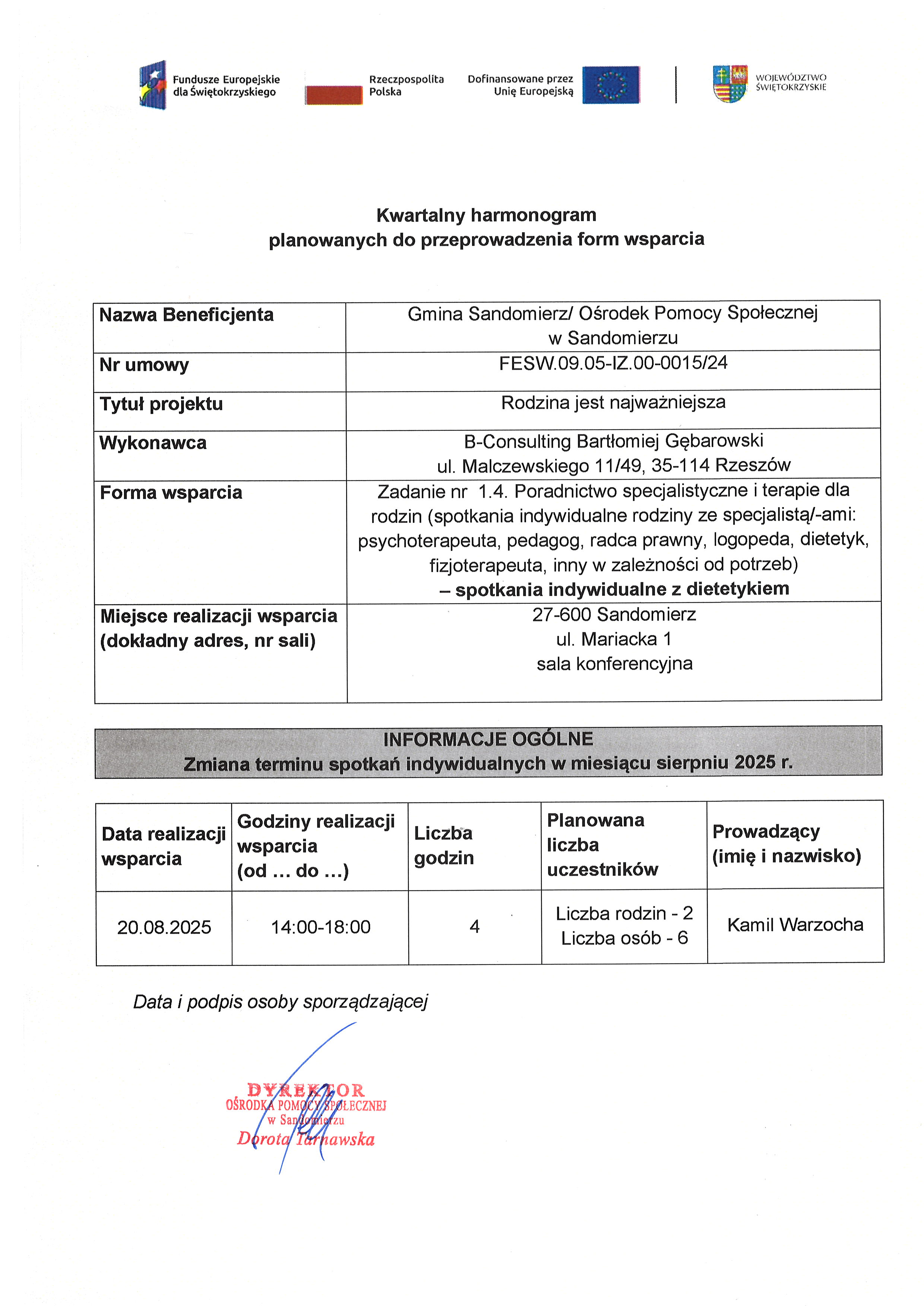 harmonogram planowanych do przeprowadzenia form wsparcia  Dietetyk Warzocha zmiana terminu w&nbsp;miesiącu sierpniu na&nbsp;20 VIII 2025