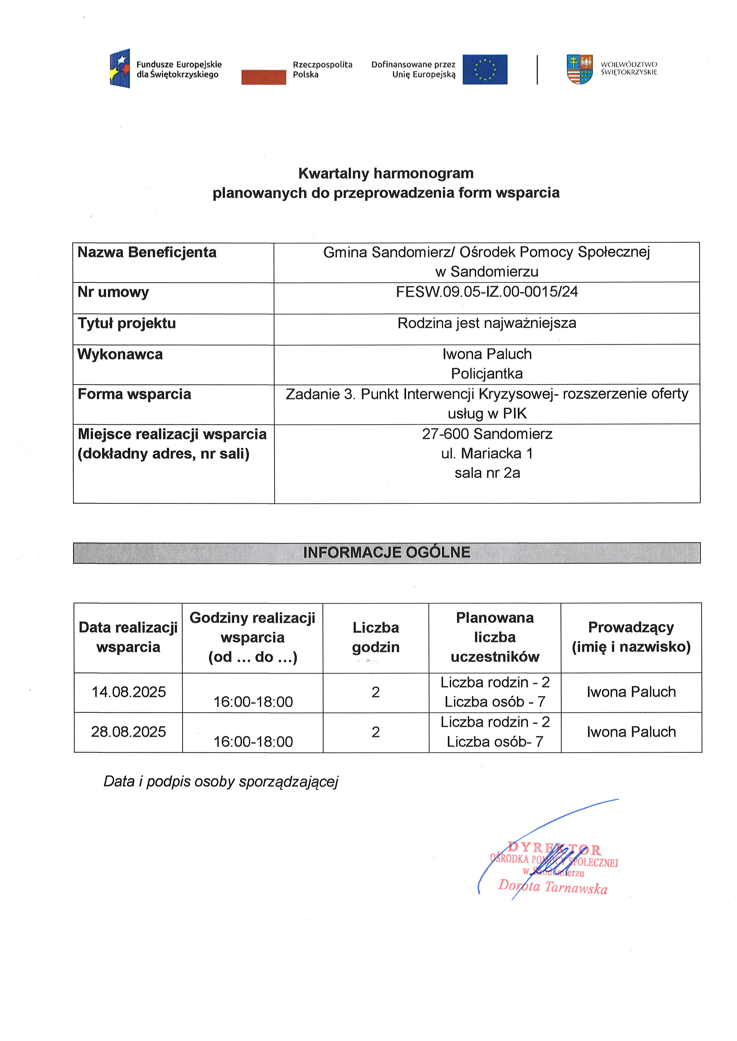 harmonogram planowanych do przeprowadzenia form wsparcia  Policjantka Paluch Iwona VIII 2025