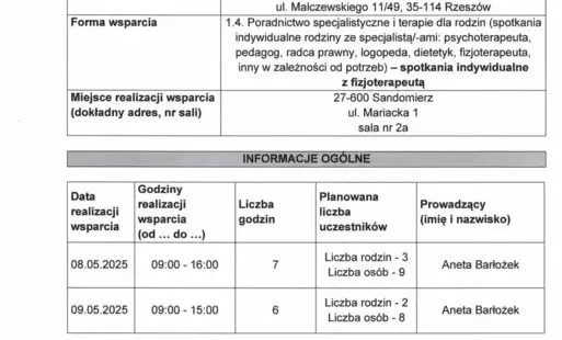 harmonogram planowanych do przeprowadzenia form wsparcia - zadanie nr 1.4 fizjoterapeuta