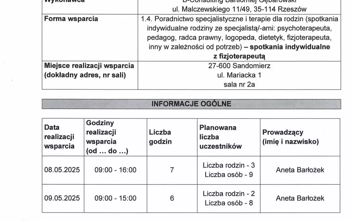 harmonogram planowanych do przeprowadzenia form wsparcia - zadanie nr 1.4 fizjoterapeuta