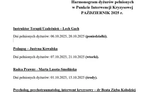 Zdjęcie do Harmonogram dyżur&oacute;w pełnionych  w Punkcie Interwencji Kryzysowej PAŹDZIERNIK 2025 r. 