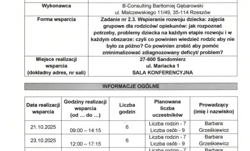 harmonogram planowanych do przeprowadzenia form wsparcia  Zad. 2 Jadwiga Szczęsna VIII 2025