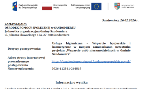 Zdjęcie do Informacja o wyniku zapytania ofertowego: Usługa higieniczna &ndash; Wsparcie fryzjerskie i kosmetyczne w miejscu zamieszkania uczestnika projektu &bdquo;Wsparcie os&oacute;b niesamodzielnych w Gminie Sandomierz&rdquo;