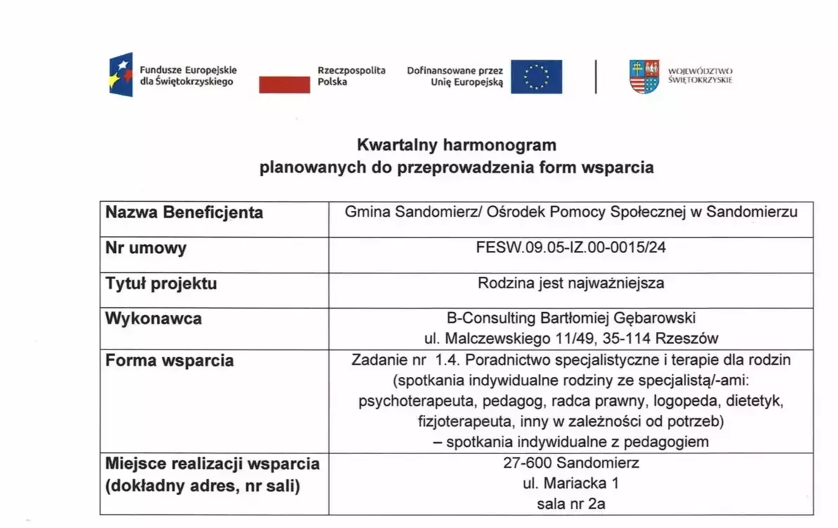 harmonogram planowanych do przeprowadzenia form wsparcia - zadanie nr 1.4 pedagog