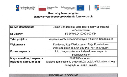 Kwartalny harmonogram planowanych do przeprowadzenia form wsparcia - 1.4. Usługa społeczna: indywidualne wsparcie psychologiczne - maj 2026