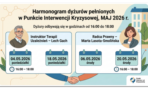 Harmonogram dyżurów pełnionych  w Punkcie Interwencji Kryzysowej MAJ 2026 r. 