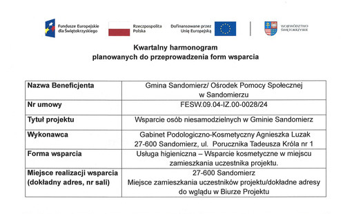 Kwartalny harmonogram planowanych do przeprowadzenia form wsparcia -Usługa higieniczna - Wsparcie kosmetyczne w miejscu zamieszkania uczestnika projektu - czerwiec 2026