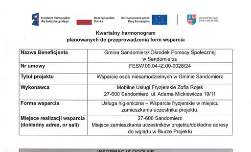 Kwartalny harmonogram planowanych do przeprowadzenia form wsparcia -Usługa higieniczna - Wsparcie fryzjerskie w miejscu zamieszkania uczestnika projektu - czerwiec 2026