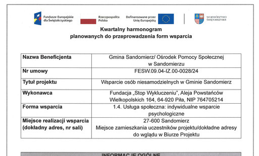Kwartalny harmonogram planowanych do przeprowadzenia form wsparcia - 1.4. Usługa społeczna: indywidualne wsparcie psychologiczne - czerwiec  2026