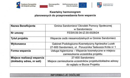 Kwartalny harmonogram planowanych do przeprowadzenia form wsparcia -Usługa higieniczna - Wsparcie kosmetyczne w miejscu zamieszkania uczestnika projektu - lipiec 2026