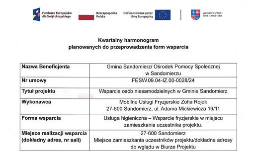 Kwartalny harmonogram planowanych do przeprowadzenia form wsparcia -Usługa higieniczna - Wsparcie fryzjerskie w miejscu zamieszkania uczestnika projektu - lipiec 2026