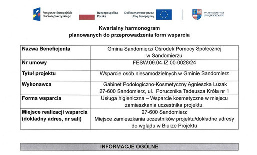 Kwartalny harmonogram planowanych do przeprowadzenia form wsparcia -Usługa higieniczna - Wsparcie kosmetyczne w miejscu zamieszkania uczestnika projektu - sierpień2026