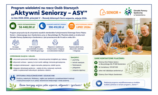 Program wieloletni na rzecz Osób Starszych „Aktywni Seniorzy – ASY” na lata 2026-2030, priorytet V - Rozwój dziennych form wsparcia, edycja 2026