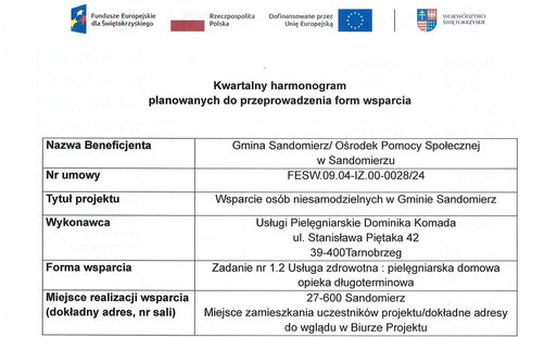 Usługa zdrowotna: pielęgniarska domowa opieka długoterminowa - Wsparcie osób niesamodzielnych w Gminie Sandomierz - Kwartalny harmonogram planowanych do przeprowadzenia form wsparcia - sierpień 2026