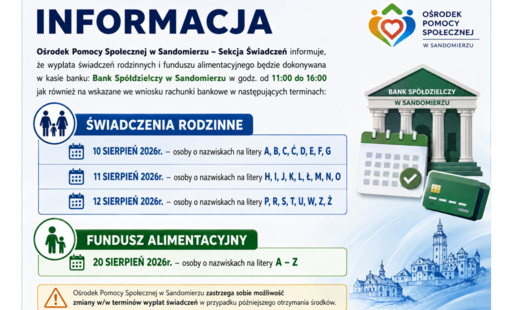 Harmonogram wypłat za sierpień 2026r. świadczeń rodzinnych i funduszu alimentacyjnego