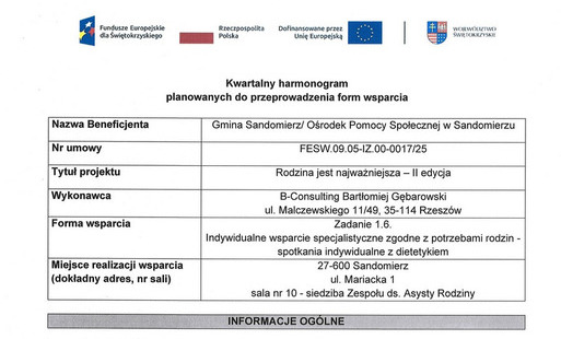 Indywidualne wsparcie specjalistyczne zgodne z potrzebami rodzin - spotkania indywidualne z dietetykiem - harmonogram za sierpień 2026