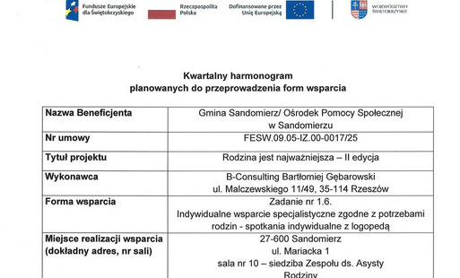 Indywidualne wsparcie specjalistyczne zgodne z potrzebami rodzin - spotkania indywidualne z logopedą – harmonogram za sierpień 2026