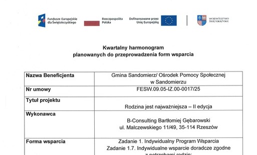 Indywidualne wsparcie doradcze zgodne z potrzebami rodzin: DORADZTWO ZAWODOWE - kwartalny harmonogram planowanych do przeprowadzenia form wsparcia - lipiec 2026