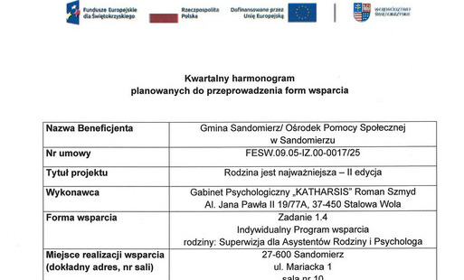 Kwartalny harmonogram planowanych do przeprowadzenia form wsparcia Zadanie 1.4 Indywidualny Program wsparcia rodziny: Superwizja dla Asystentów Rodziny i Psychologa za wrzesień 2026
