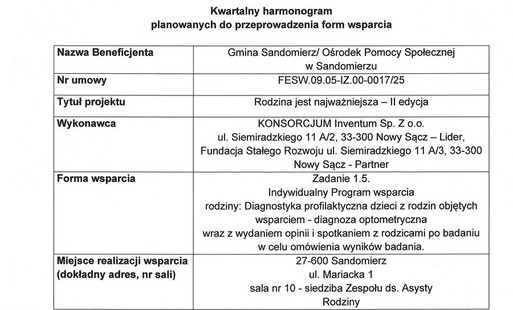 Kwartalny harmonogram planowanych do przeprowadzenia form wsparcia - diagnoza optometryczna - październik 2026