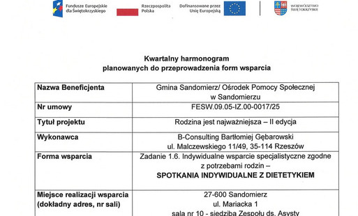 Indywidualne wsparcie specjalistyczne zgodne z potrzebami rodzin - spotkania indywidualne z dietetykiem - harmonogram za październik 2026