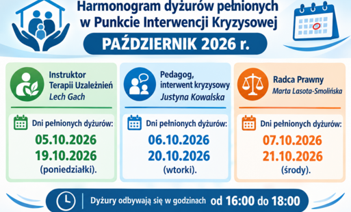 Harmonogram dyżurów pełnionych w Punkcie Interwencji Kryzysowej PAŹDZIERNIK 2026 r. 