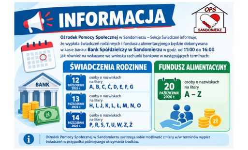 Harmonogram wypłaty świadczeń rodzinnych i funduszu alimentacyjnego - Październik 2026