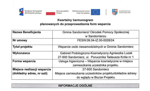 Kwartalny harmonogram planowanych do przeprowadzenia form wsparcia - Usługa higieniczna - Wsparcie kosmetyczne w miejscu zamieszkania uczestnika projektu.
