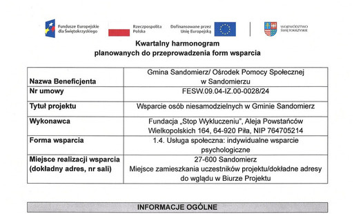 Kwartalny harmonogram planowanych do przeprowadzenia form wsparcia - 1.4. Usługa społeczna indywidualne wsparcie psychologiczne - październik 2026 