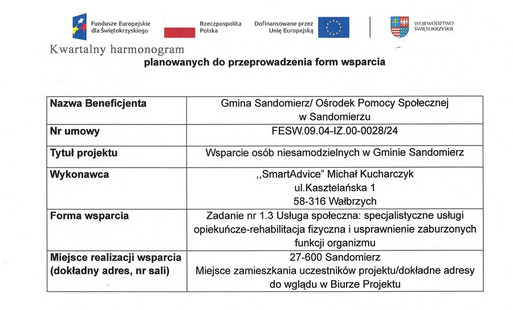 Kwartalny harmonogram planowanych do przeprowadzenia form wsparcia - Usługa społeczna: specjalistyczne usługi opiekuńcze-rehabilitacja fizyczna i usprawnienie zaburzonych funkcji organizmu – listopad 2026